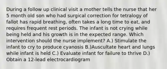 During a follow up clinical visit a mother tells the nurse that her 5 month old son who had surgical correction for tetralogy of fallot has rapid breathing, often takes a long time to eat, and requires frequent rest periods. The infant is not crying while being held and his growth is in the expected range. Which intervention should the nurse implement? A.) Stimulate the infant to cry to produce cyanosis B.)Auscultate heart and lungs while infant is held C.) Evaluate infant for failure to thrive D.) Obtain a 12-lead electrocardiogram