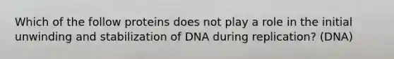 Which of the follow proteins does not play a role in the initial unwinding and stabilization of DNA during replication? (DNA)