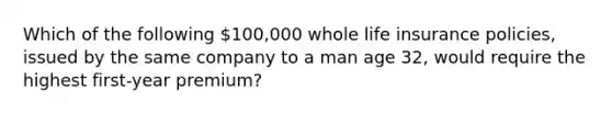 Which of the following 100,000 whole life insurance policies, issued by the same company to a man age 32, would require the highest first-year premium?