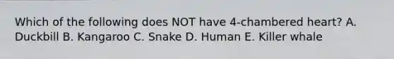 Which of the following does NOT have 4-chambered heart? A. Duckbill B. Kangaroo C. Snake D. Human E. Killer whale