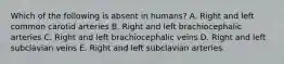 Which of the following is absent in humans? A. Right and left common carotid arteries B. Right and left brachiocephalic arteries C. Right and left brachiocephalic veins D. Right and left subclavian veins E. Right and left subclavian arteries