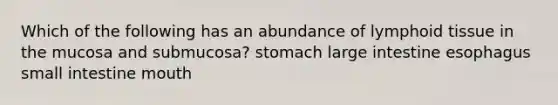 Which of the following has an abundance of lymphoid tissue in the mucosa and submucosa? stomach large intestine esophagus small intestine mouth