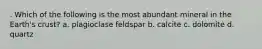 . Which of the following is the most abundant mineral in the Earth's crust? a. plagioclase feldspar b. calcite c. dolomite d. quartz