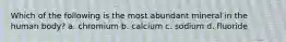 Which of the following is the most abundant mineral in the human body? a. chromium b. calcium c. sodium d. fluoride