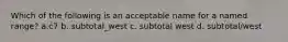 Which of the following is an acceptable name for a named range? a.c7 b. subtotal_west c. subtotal west d. subtotal/west
