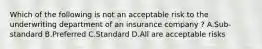 Which of the following is not an acceptable risk to the underwriting department of an insurance company ? A.Sub-standard B.Preferred C.Standard D.All are acceptable risks