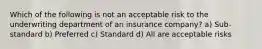 Which of the following is not an acceptable risk to the underwriting department of an insurance company? a) Sub-standard b) Preferred c) Standard d) All are acceptable risks