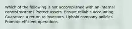 Which of the following is not accomplished with an internal control system? Protect assets. Ensure reliable accounting. Guarantee a return to investors. Uphold company policies. Promote efficient operations.