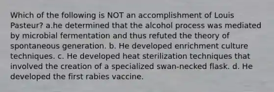 Which of the following is NOT an accomplishment of Louis Pasteur? a.he determined that the alcohol process was mediated by microbial fermentation and thus refuted the theory of spontaneous generation. b. He developed enrichment culture techniques. c. He developed heat sterilization techniques that involved the creation of a specialized swan-necked flask. d. He developed the first rabies vaccine.