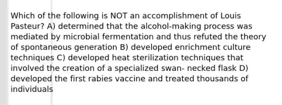 Which of the following is NOT an accomplishment of Louis Pasteur? A) determined that the alcohol-making process was mediated by microbial fermentation and thus refuted the theory of spontaneous generation B) developed enrichment culture techniques C) developed heat sterilization techniques that involved the creation of a specialized swan- necked flask D) developed the first rabies vaccine and treated thousands of individuals