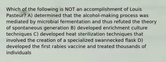 Which of the following is NOT an accomplishment of Louis Pasteur? A) determined that the alcohol-making process was mediated by microbial fermentation and thus refuted the theory of spontaneous generation B) developed enrichment culture techniques C) developed heat sterilization techniques that involved the creation of a specialized swannecked flask D) developed the first rabies vaccine and treated thousands of individuals