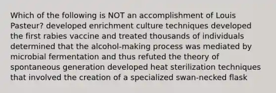 Which of the following is NOT an accomplishment of Louis Pasteur? developed enrichment culture techniques developed the first rabies vaccine and treated thousands of individuals determined that the alcohol-making process was mediated by microbial fermentation and thus refuted the theory of spontaneous generation developed heat sterilization techniques that involved the creation of a specialized swan-necked flask