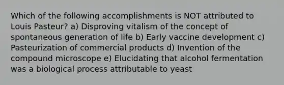 Which of the following accomplishments is NOT attributed to Louis Pasteur? a) Disproving vitalism of the concept of spontaneous generation of life b) Early vaccine development c) Pasteurization of commercial products d) Invention of the compound microscope e) Elucidating that alcohol fermentation was a biological process attributable to yeast