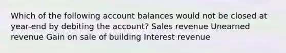 Which of the following account balances would not be closed at year-end by debiting the account? Sales revenue Unearned revenue Gain on sale of building Interest revenue