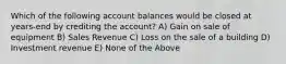 Which of the following account balances would be closed at years-end by crediting the account? A) Gain on sale of equipment B) Sales Revenue C) Loss on the sale of a building D) Investment revenue E) None of the Above