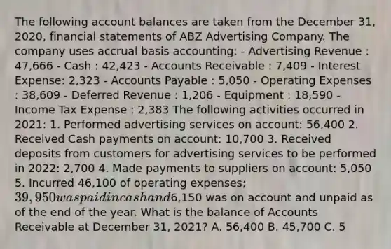 The following account balances are taken from the December 31, 2020, financial statements of ABZ Advertising Company. The company uses accrual basis accounting: - Advertising Revenue : 47,666 - Cash : 42,423 - Accounts Receivable : 7,409 - Interest Expense: 2,323 - Accounts Payable : 5,050 - Operating Expenses : 38,609 - Deferred Revenue : 1,206 - Equipment : 18,590 - Income Tax Expense : 2,383 The following activities occurred in 2021: 1. Performed advertising services on account: 56,400 2. Received Cash payments on account: 10,700 3. Received deposits from customers for advertising services to be performed in 2022: 2,700 4. Made payments to suppliers on account: 5,050 5. Incurred 46,100 of operating expenses; 39,950 was paid in cash and6,150 was on account and unpaid as of the end of the year. What is the balance of Accounts Receivable at December 31, 2021? A. 56,400 B. 45,700 C. 5