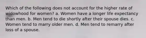 Which of the following does not account for the higher rate of widowhood for women? a. Women have a longer life expectancy than men. b. Men tend to die shortly after their spouse dies. c. Women tend to marry older men. d. Men tend to remarry after loss of a spouse.