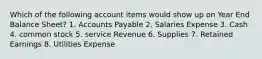 Which of the following account items would show up on Year End Balance Sheet? 1. Accounts Payable 2. Salaries Expense 3. Cash 4. common stock 5. service Revenue 6. Supplies 7. Retained Earnings 8. Utilities Expense