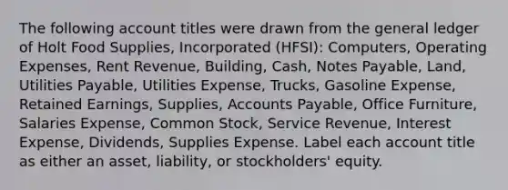 The following account titles were drawn from the general ledger of Holt Food Supplies, Incorporated (HFSI): Computers, Operating Expenses, Rent Revenue, Building, Cash, Notes Payable, Land, Utilities Payable, Utilities Expense, Trucks, Gasoline Expense, Retained Earnings, Supplies, Accounts Payable, Office Furniture, Salaries Expense, Common Stock, Service Revenue, Interest Expense, Dividends, Supplies Expense. Label each account title as either an asset, liability, or stockholders' equity.