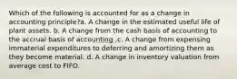 Which of the following is accounted for as a change in accounting principle?a. A change in the estimated useful life of plant assets. b. A change from the cash basis of accounting to the accrual basis of accounting .c. A change from expensing immaterial expenditures to deferring and amortizing them as they become material. d. A change in inventory valuation from average cost to FIFO.