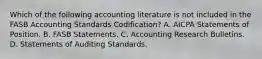 Which of the following accounting literature is not included in the FASB Accounting Standards Codification? A. AICPA Statements of Position. B. FASB Statements. C. Accounting Research Bulletins. D. Statements of Auditing Standards.