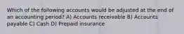 Which of the following accounts would be adjusted at the end of an accounting period? A) Accounts receivable B) Accounts payable C) Cash D) Prepaid insurance