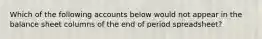 Which of the following accounts below would not appear in the balance sheet columns of the end of period spreadsheet?