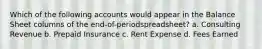 Which of the following accounts would appear in the Balance Sheet columns of the end-of-periodspreadsheet? a. Consulting Revenue b. Prepaid Insurance c. Rent Expense d. Fees Earned