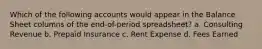 Which of the following accounts would appear in the Balance Sheet columns of the end-of-period spreadsheet? a. Consulting Revenue b. Prepaid Insurance c. Rent Expense d. Fees Earned