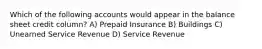 Which of the following accounts would appear in the balance sheet credit column? A) Prepaid Insurance B) Buildings C) Unearned Service Revenue D) Service Revenue