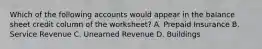 Which of the following accounts would appear in the balance sheet credit column of the worksheet? A. Prepaid Insurance B. Service Revenue C. Unearned Revenue D. Buildings