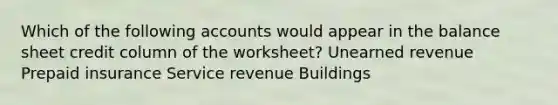 Which of the following accounts would appear in the balance sheet credit column of the worksheet? Unearned revenue Prepaid insurance Service revenue Buildings