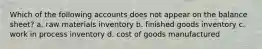 Which of the following accounts does not appear on the balance sheet? a. raw materials inventory b. finished goods inventory c. work in process inventory d. cost of goods manufactured