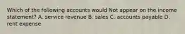 Which of the following accounts would Not appear on the income statement? A. service revenue B. sales C. accounts payable D. rent expense