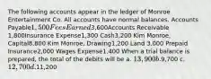 The following accounts appear in the ledger of Monroe Entertainment Co. All accounts have normal balances. Accounts Payable1,500 Fees Earned3,600Accounts Receivable 1,800Insurance Expense1,300 Cash3,200 Kim Monroe, Capital8,800 Kim Monroe, Drawing1,200 Land 3,000 Prepaid Insurance2,000 Wages Expense1,400 When a trial balance is prepared, the total of the debits will be a. 13,900 b.9,700 c. 12,700 d.11,200