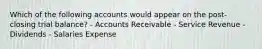 Which of the following accounts would appear on the post- closing trial balance? - Accounts Receivable - Service Revenue - Dividends - Salaries Expense