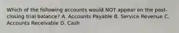 Which of the following accounts would NOT appear on the post-closing trial balance? A. Accounts Payable B. Service Revenue C. Accounts Receivable D. Cash