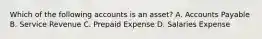 Which of the following accounts is an​ asset? A. Accounts Payable B. Service Revenue C. Prepaid Expense D. Salaries Expense