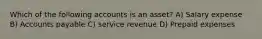 Which of the following accounts is an asset? A) Salary expense B) Accounts payable C) service revenue D) Prepaid expenses