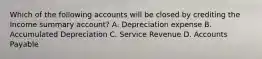 Which of the following accounts will be closed by crediting the Income summary account? A. Depreciation expense B. Accumulated Depreciation C. Service Revenue D. Accounts Payable