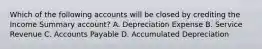 Which of the following accounts will be closed by crediting the Income Summary account? A. Depreciation Expense B. Service Revenue C. Accounts Payable D. Accumulated Depreciation