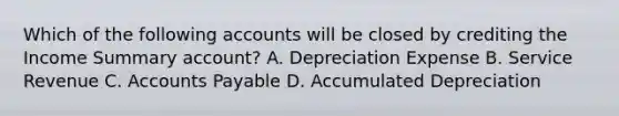 Which of the following accounts will be closed by crediting the Income Summary account? A. Depreciation Expense B. Service Revenue C. <a href='https://www.questionai.com/knowledge/kWc3IVgYEK-accounts-payable' class='anchor-knowledge'>accounts payable</a> D. Accumulated Depreciation