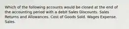 Which of the following accounts would be closed at the end of the accounting period with a debit Sales Discounts. Sales Returns and Allowances. Cost of Goods Sold. Wages Expense. Sales.