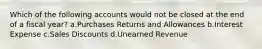 Which of the following accounts would not be closed at the end of a fiscal year? a.Purchases Returns and Allowances b.Interest Expense c.Sales Discounts d.Unearned Revenue