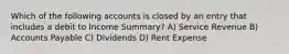 Which of the following accounts is closed by an entry that includes a debit to Income Summary? A) Service Revenue B) Accounts Payable C) Dividends D) Rent Expense