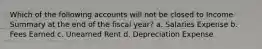 Which of the following accounts will not be closed to Income Summary at the end of the fiscal year? a. Salaries Expense b. Fees Earned c. Unearned Rent d. Depreciation Expense