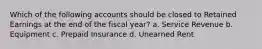 Which of the following accounts should be closed to Retained Earnings at the end of the fiscal year? a. Service Revenue b. Equipment c. Prepaid Insurance d. Unearned Rent