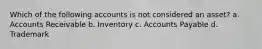 Which of the following accounts is not considered an asset? a. Accounts Receivable b. Inventory c. Accounts Payable d. Trademark