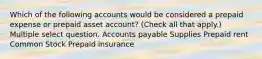 Which of the following accounts would be considered a prepaid expense or prepaid asset account? (Check all that apply.) Multiple select question. Accounts payable Supplies Prepaid rent Common Stock Prepaid insurance