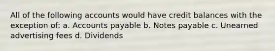 All of the following accounts would have credit balances with the exception of: a. <a href='https://www.questionai.com/knowledge/kWc3IVgYEK-accounts-payable' class='anchor-knowledge'>accounts payable</a> b. <a href='https://www.questionai.com/knowledge/kFEYigYd5S-notes-payable' class='anchor-knowledge'>notes payable</a> c. Unearned advertising fees d. Dividends